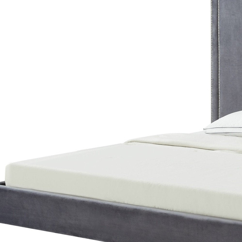 Gray Solid Wood King Upholstered Velvet Bed with Nailhead Trim — view 8