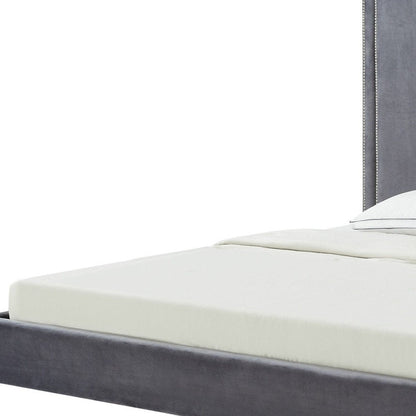 Gray Solid Wood King Upholstered Velvet Bed with Nailhead Trim HomeRoots