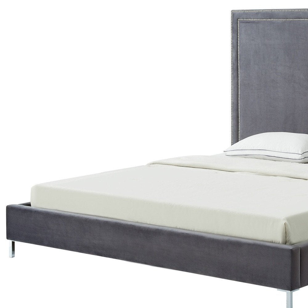 Gray Solid Wood King Upholstered Velvet Bed with Nailhead Trim HomeRoots