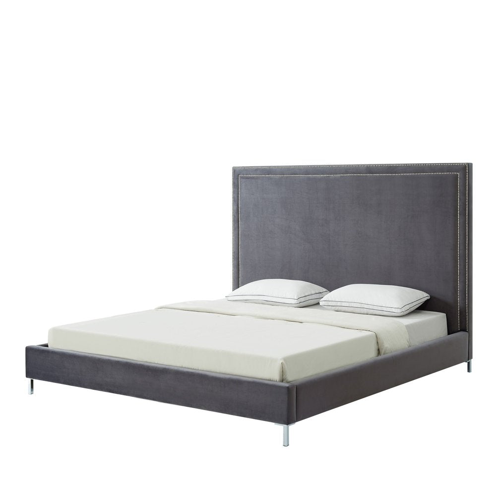 Gray Solid Wood King Upholstered Velvet Bed with Nailhead Trim — view 4