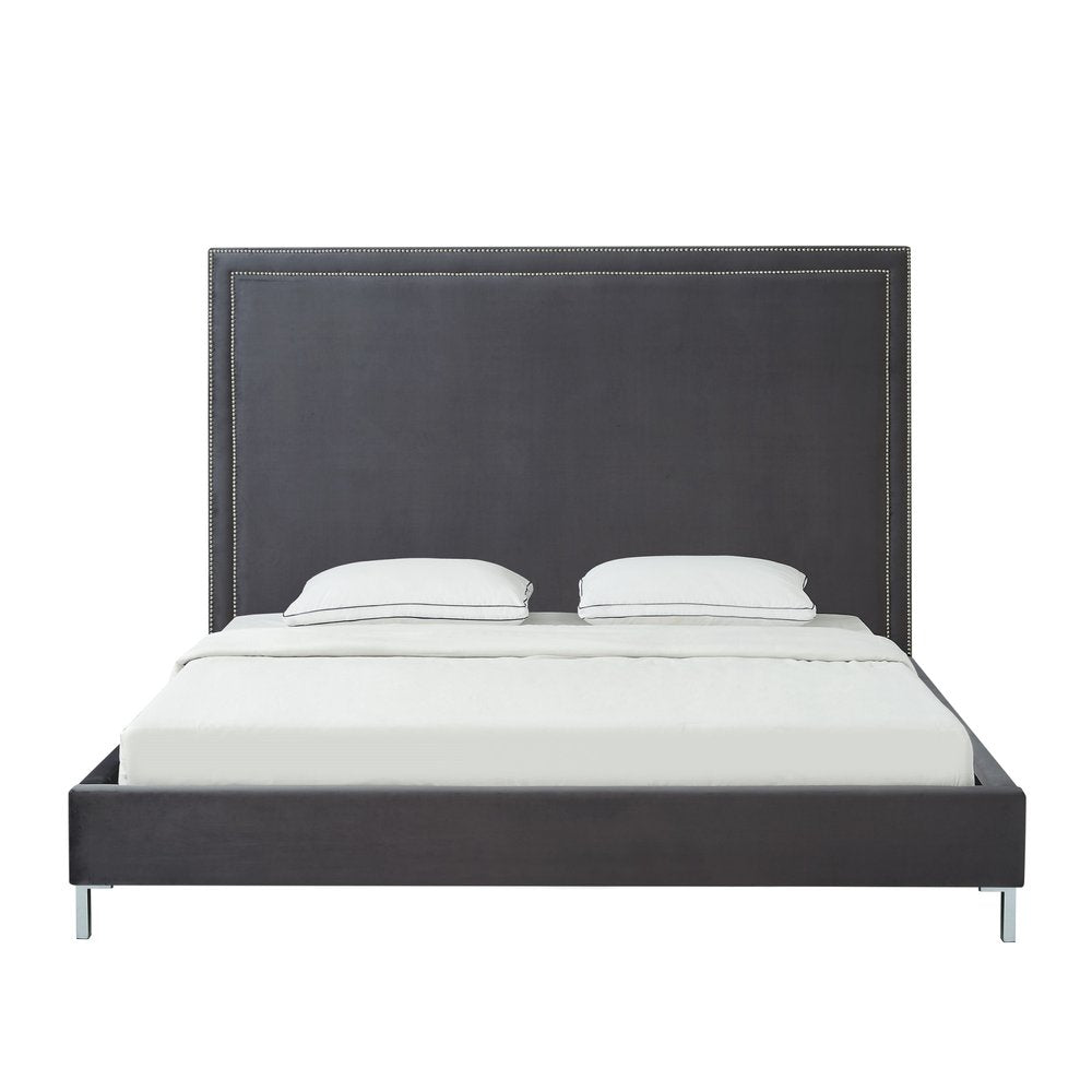 Gray Solid Wood King Upholstered Velvet Bed with Nailhead Trim — view 3