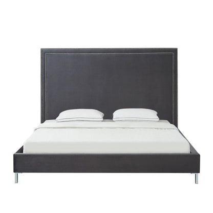 Gray Solid Wood King Upholstered Velvet Bed with Nailhead Trim HomeRoots