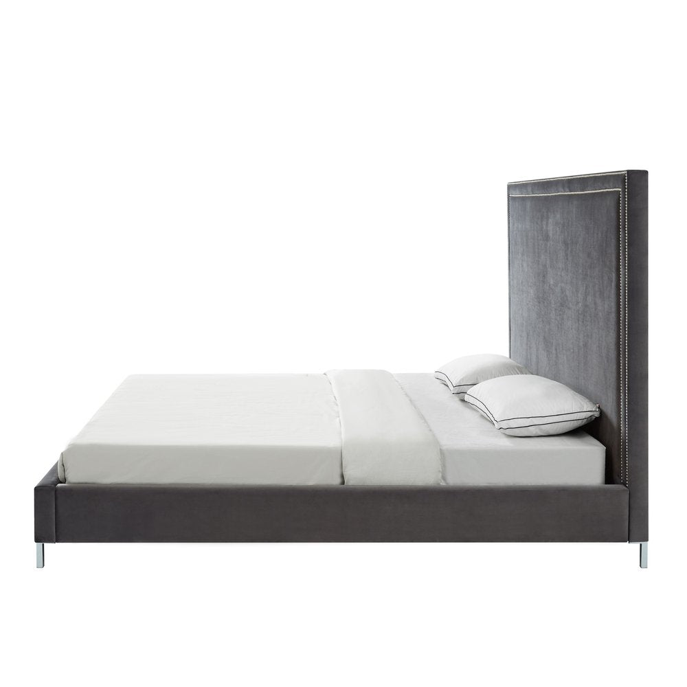 Gray Solid Wood King Upholstered Velvet Bed with Nailhead Trim HomeRoots