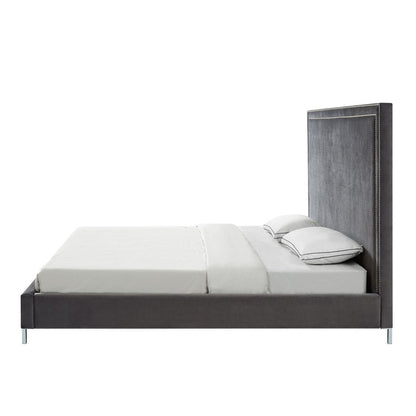 Gray Solid Wood King Upholstered Velvet Bed with Nailhead Trim HomeRoots