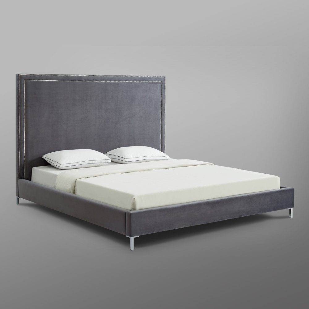 Gray Solid Wood King Upholstered Velvet Bed with Nailhead Trim — view 10