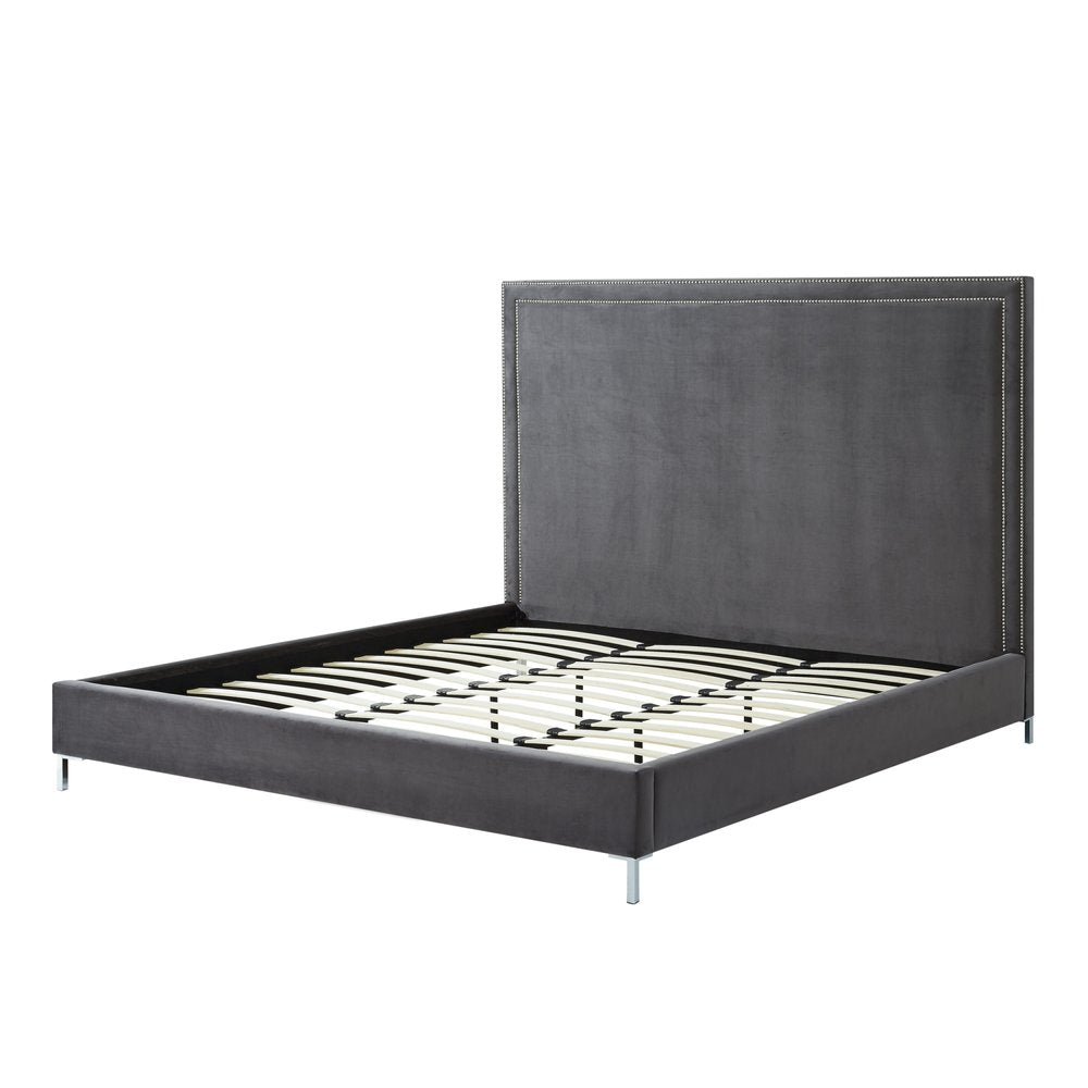 Gray Solid Wood King Upholstered Velvet Bed with Nailhead Trim — view 5