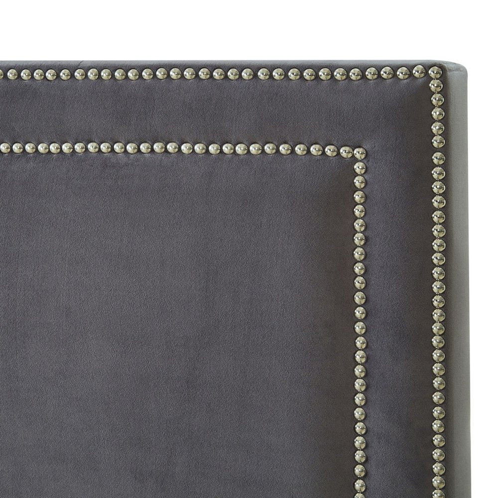 Gray Solid Wood King Upholstered Velvet Bed with Nailhead Trim HomeRoots