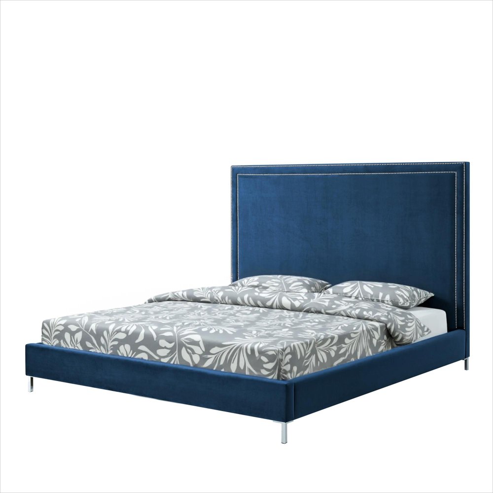 Navy Blue Solid Wood King Upholstered Velvet Bed with Nailhead Trim — view 2