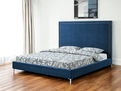 Navy Blue Solid Wood King Upholstered Velvet Bed with Nailhead Trim HomeRoots