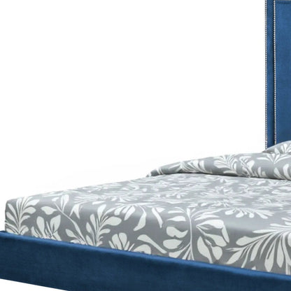 Navy Blue Solid Wood King Upholstered Velvet Bed with Nailhead Trim