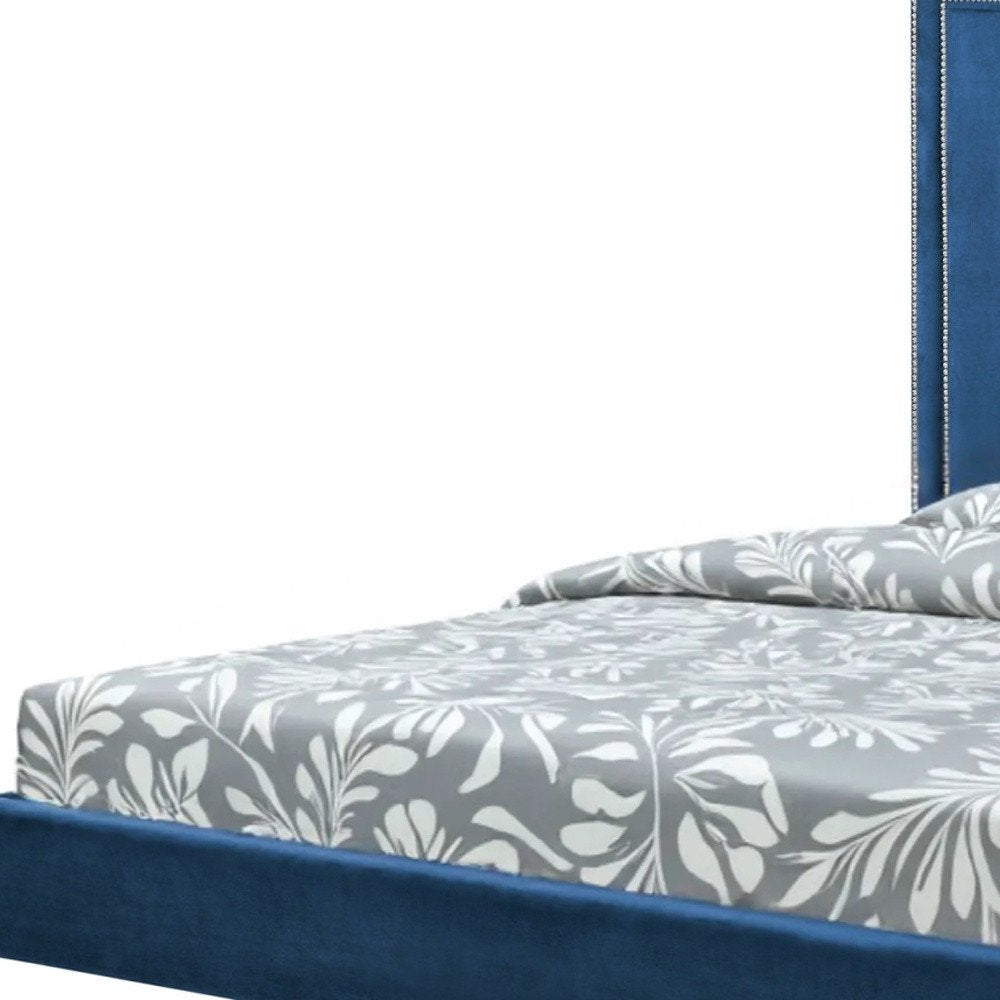 Navy Blue Solid Wood King Upholstered Velvet Bed with Nailhead Trim HomeRoots