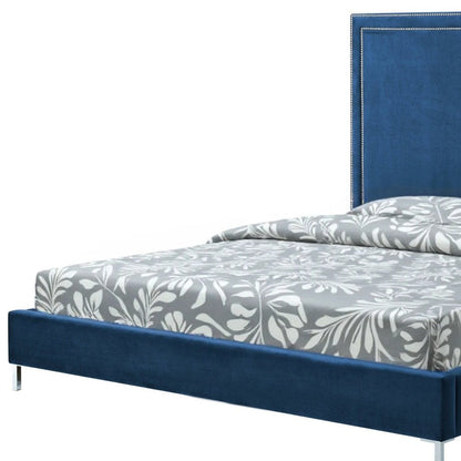 Navy Blue Solid Wood King Upholstered Velvet Bed with Nailhead Trim HomeRoots