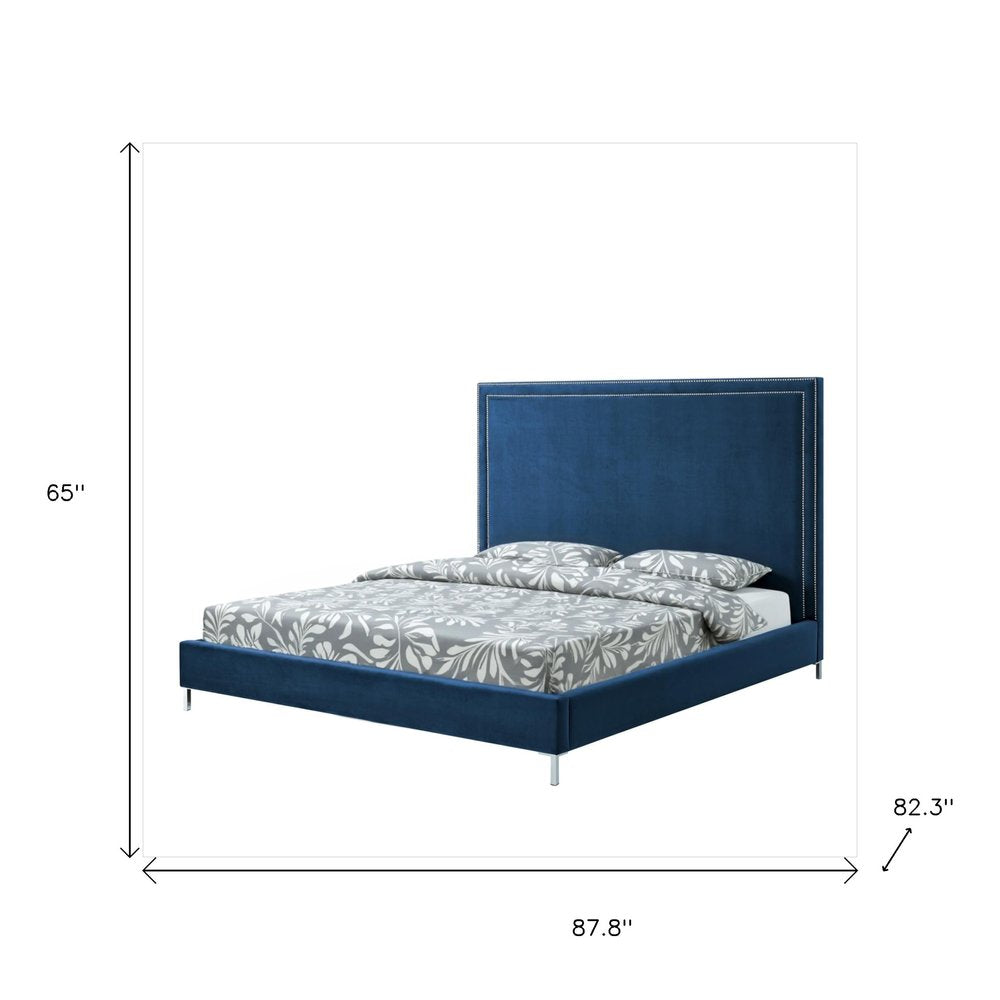 Navy Blue Solid Wood King Upholstered Velvet Bed with Nailhead Trim — view 8