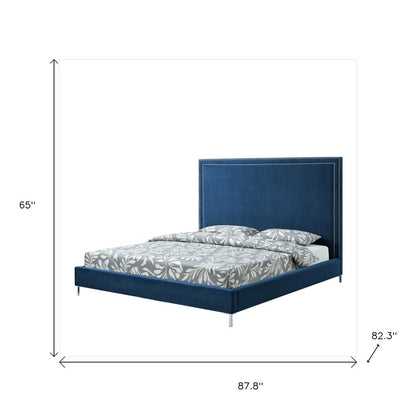 Navy Blue Solid Wood King Upholstered Velvet Bed with Nailhead Trim HomeRoots