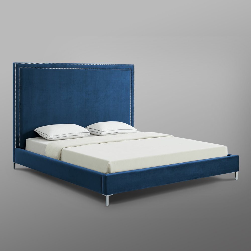 Navy Blue Solid Wood King Upholstered Velvet Bed with Nailhead Trim HomeRoots