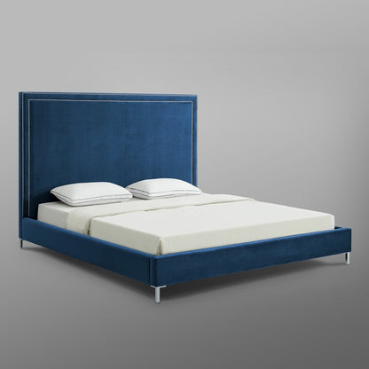Navy Blue Solid Wood King Upholstered Velvet Bed with Nailhead Trim HomeRoots