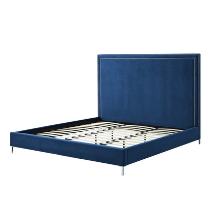 Navy Blue Solid Wood King Upholstered Velvet Bed with Nailhead Trim HomeRoots
