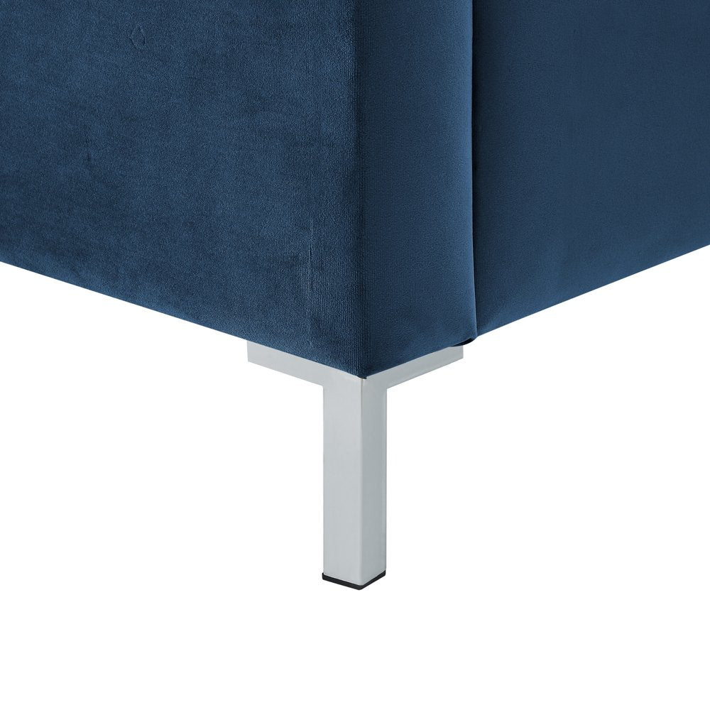 Navy Blue Solid Wood King Upholstered Velvet Bed with Nailhead Trim HomeRoots