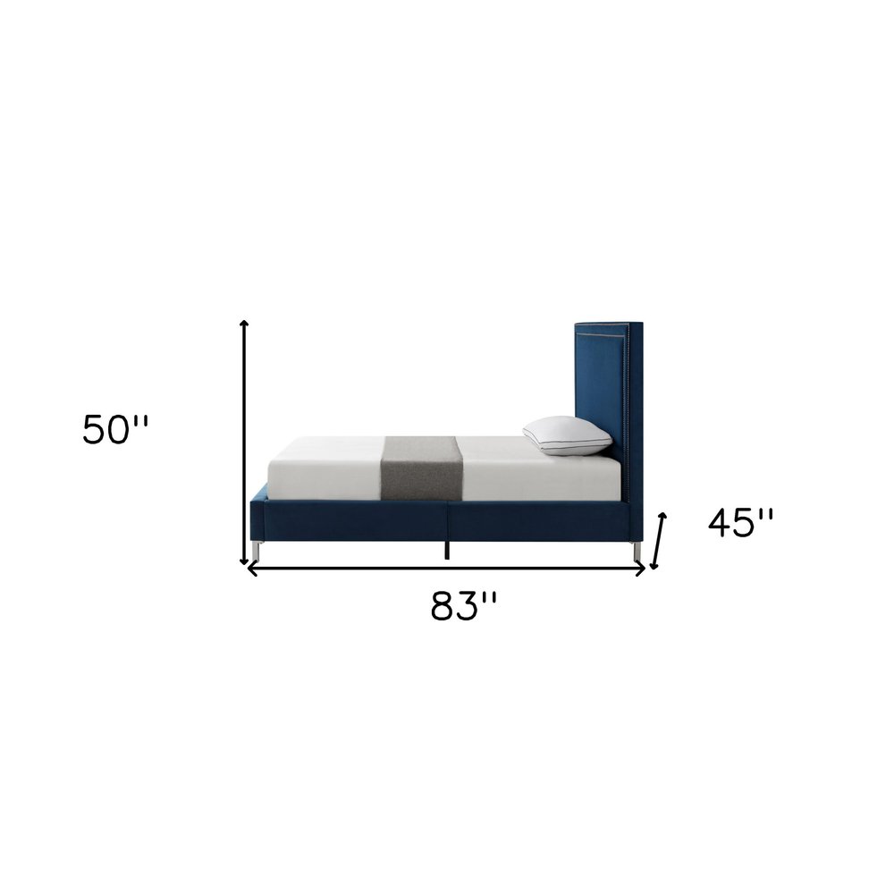 Navy Blue Solid Wood King Upholstered Velvet Bed with Nailhead Trim HomeRoots