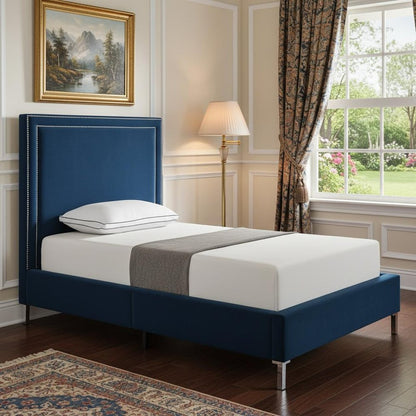 Navy Blue Solid Wood King Upholstered Velvet Bed with Nailhead Trim HomeRoots