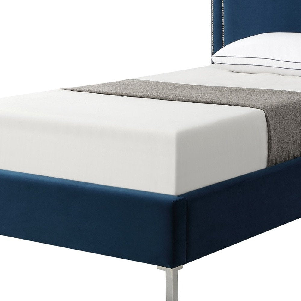 Navy Blue Solid Wood King Upholstered Velvet Bed with Nailhead Trim — view 14