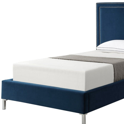 Navy Blue Solid Wood King Upholstered Velvet Bed with Nailhead Trim HomeRoots