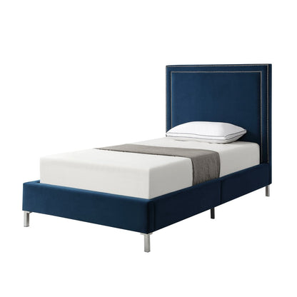 Navy Blue Solid Wood King Upholstered Velvet Bed with Nailhead Trim HomeRoots