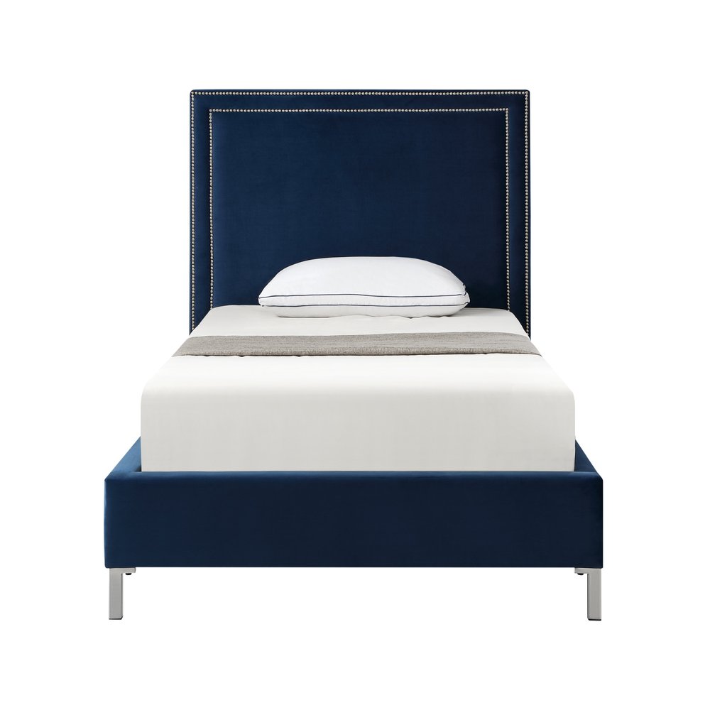 Navy Blue Solid Wood King Upholstered Velvet Bed with Nailhead Trim — view 10