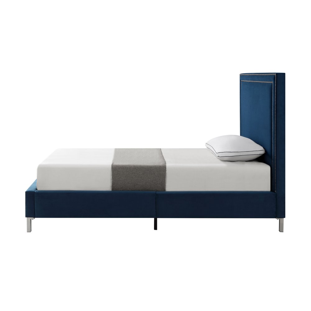Navy Blue Solid Wood King Upholstered Velvet Bed with Nailhead Trim HomeRoots