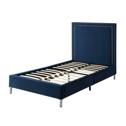 Navy Blue Solid Wood King Upholstered Velvet Bed with Nailhead Trim HomeRoots