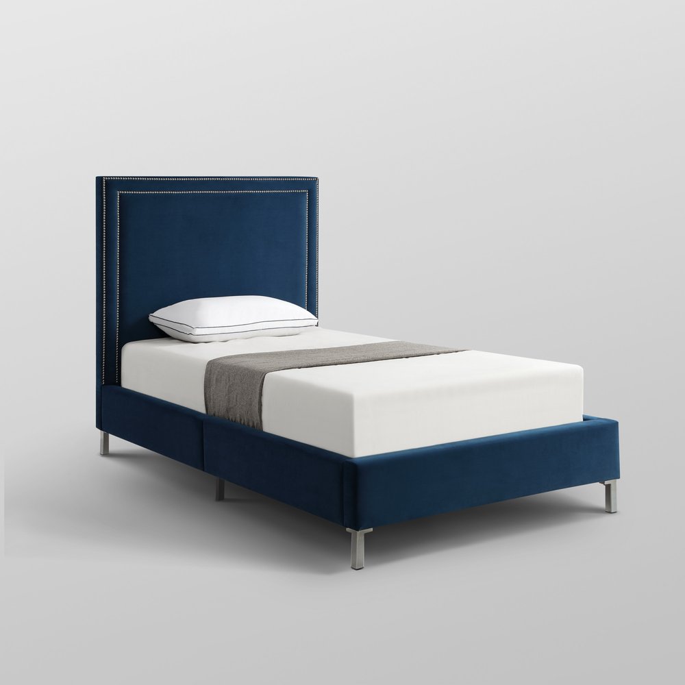 Navy Blue Solid Wood King Upholstered Velvet Bed with Nailhead Trim — view 12