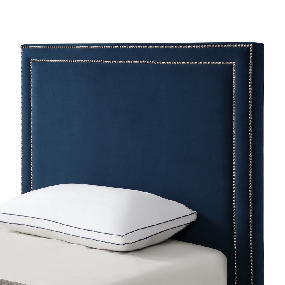 Navy Blue Solid Wood King Upholstered Velvet Bed with Nailhead Trim — view 13
