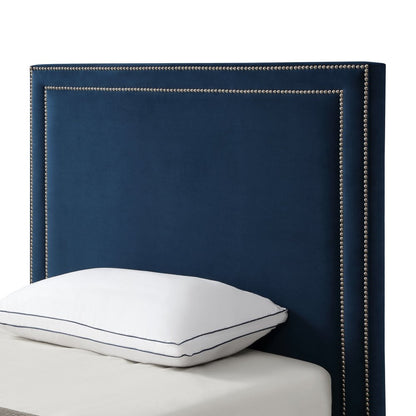 Navy Blue Solid Wood King Upholstered Velvet Bed with Nailhead Trim HomeRoots