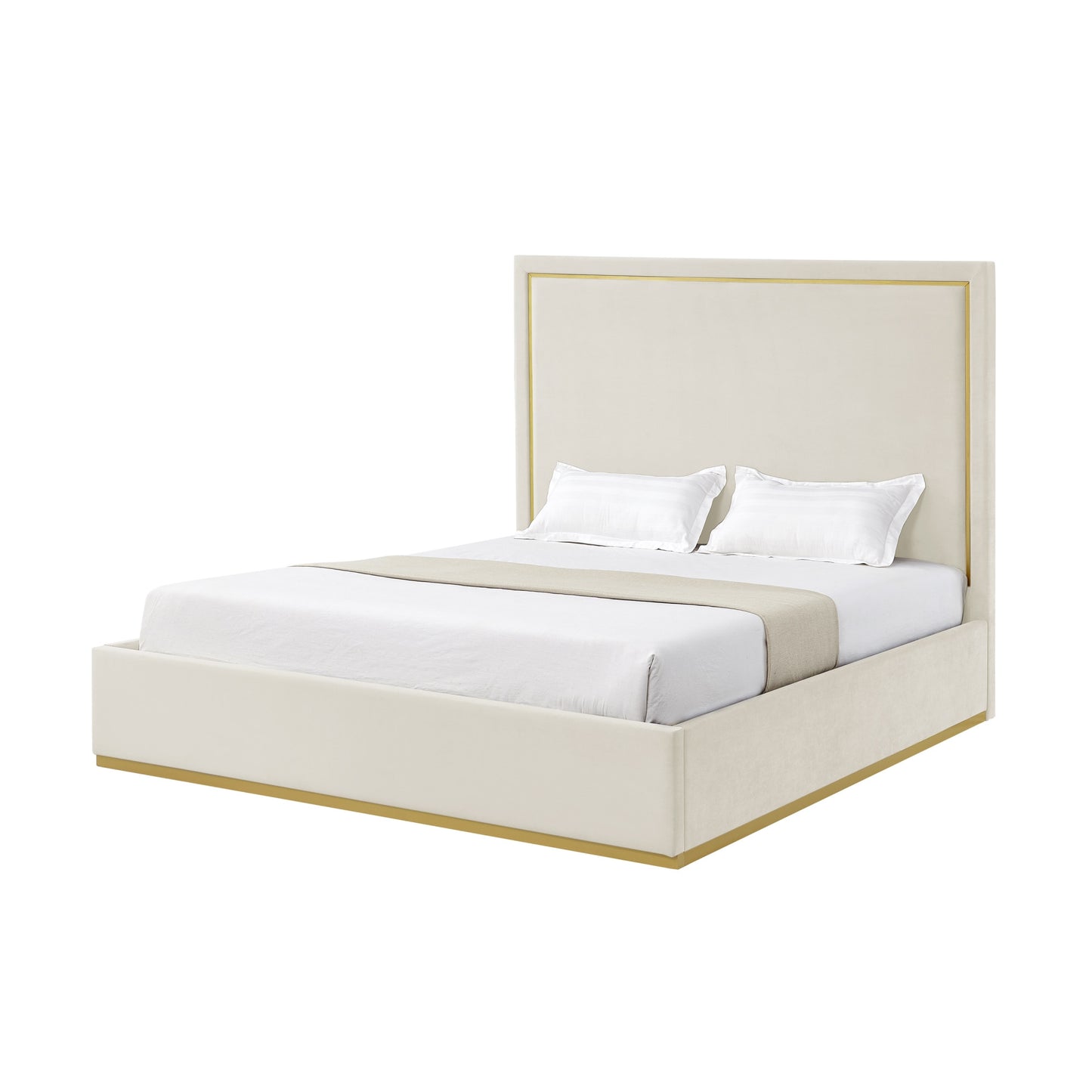 Beige Solid Wood Queen Upholstered Velvet Bed