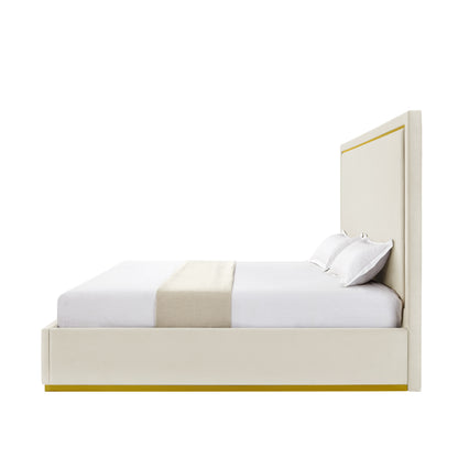 Beige Solid Wood Queen Upholstered Velvet Bed