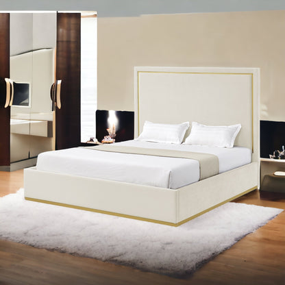 Beige Solid Wood Queen Upholstered Velvet Bed