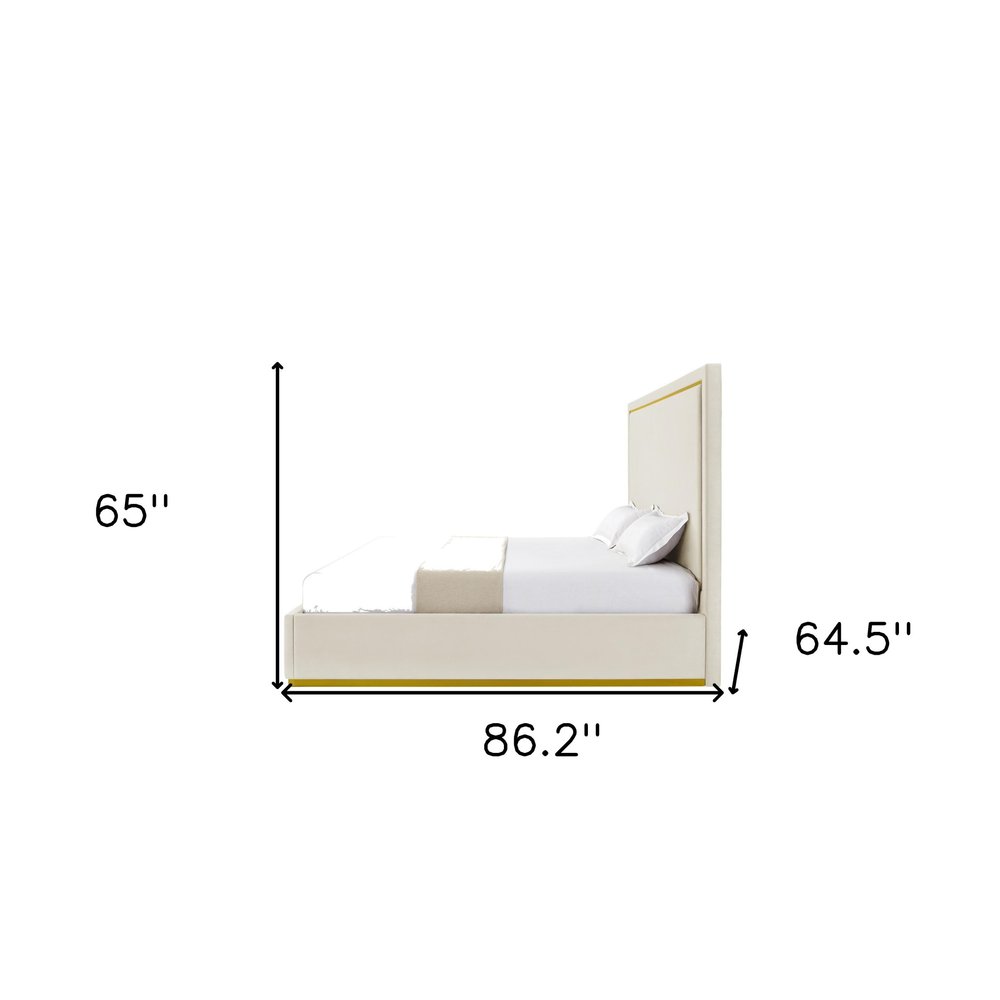 Beige Solid Wood Queen Upholstered Velvet Bed HomeRoots