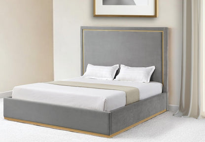 Beige Solid Wood Queen Upholstered Velvet Bed HomeRoots