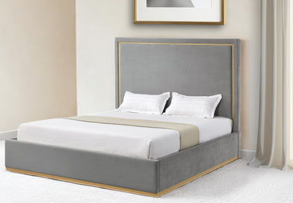 Beige Solid Wood Queen Upholstered Velvet Bed