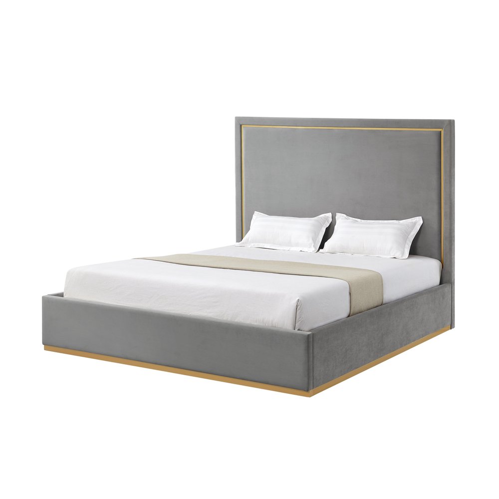 Beige Solid Wood Queen Upholstered Velvet Bed HomeRoots