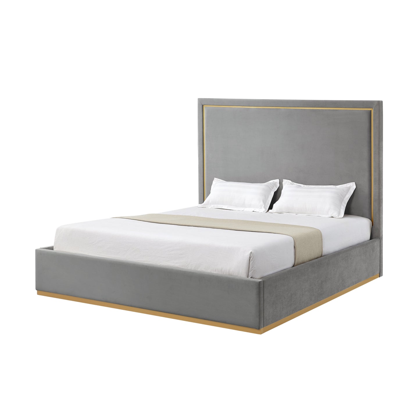 Beige Solid Wood Queen Upholstered Velvet Bed