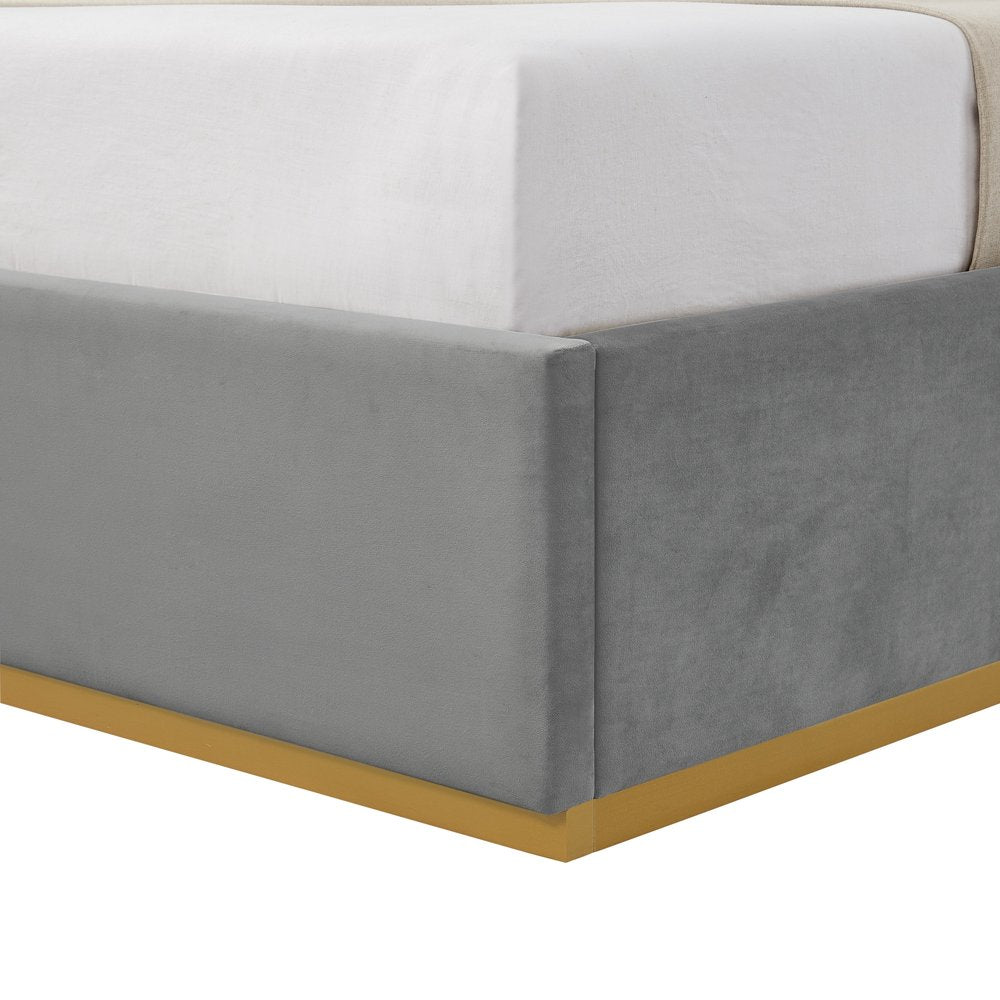 Beige Solid Wood Queen Upholstered Velvet Bed HomeRoots