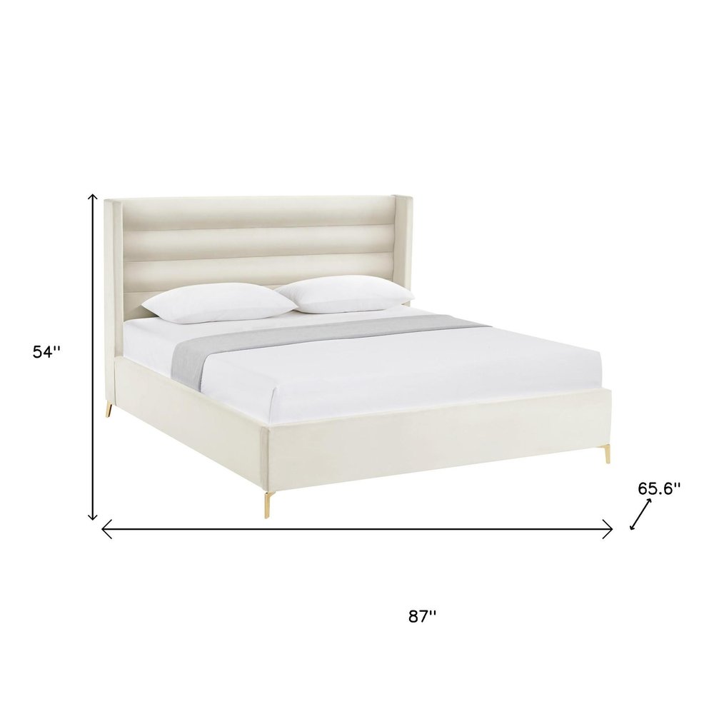 Cream Velvet Upholstered Queen Bed Frame — view 9