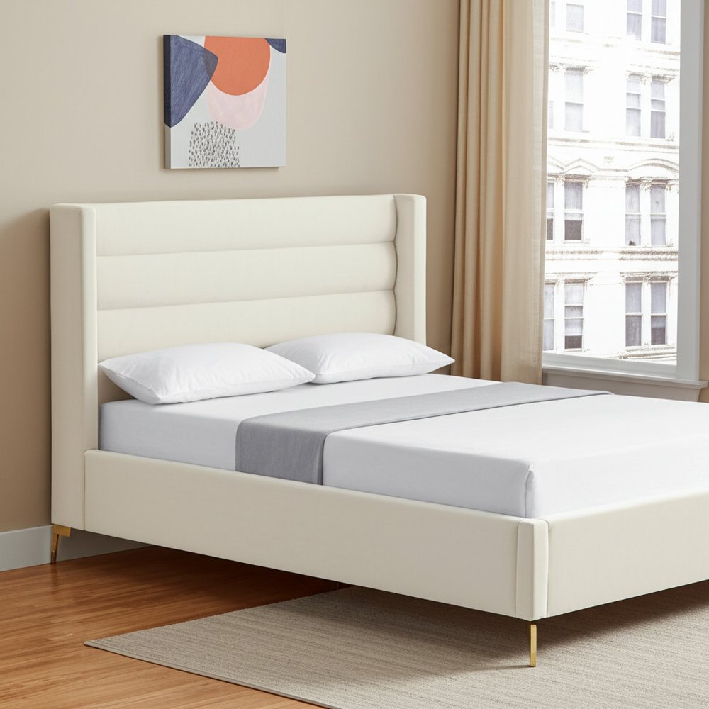 Cream Velvet Upholstered Queen Bed Frame HomeRoots