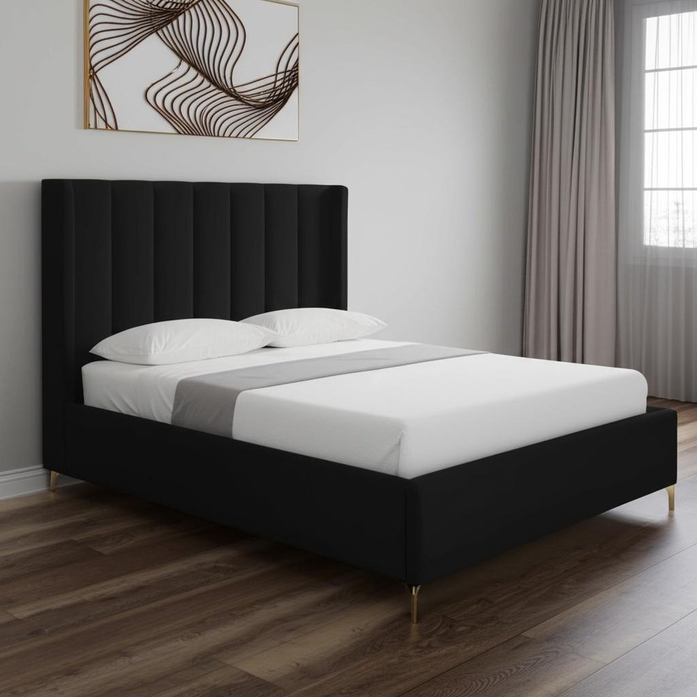 Black Velvet Upholstered Queen Bed Frame — view 1