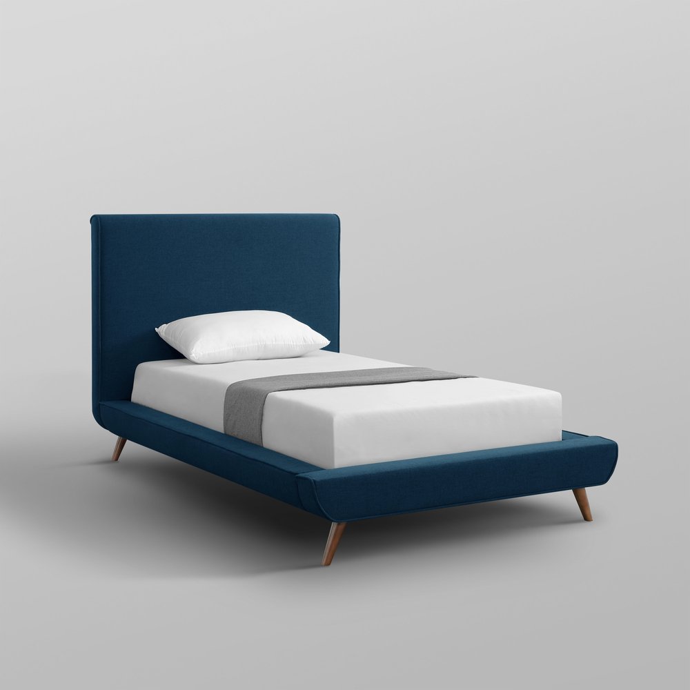 Denim Blue Solid Wood Twin Upholstered Linen Bed HomeRoots