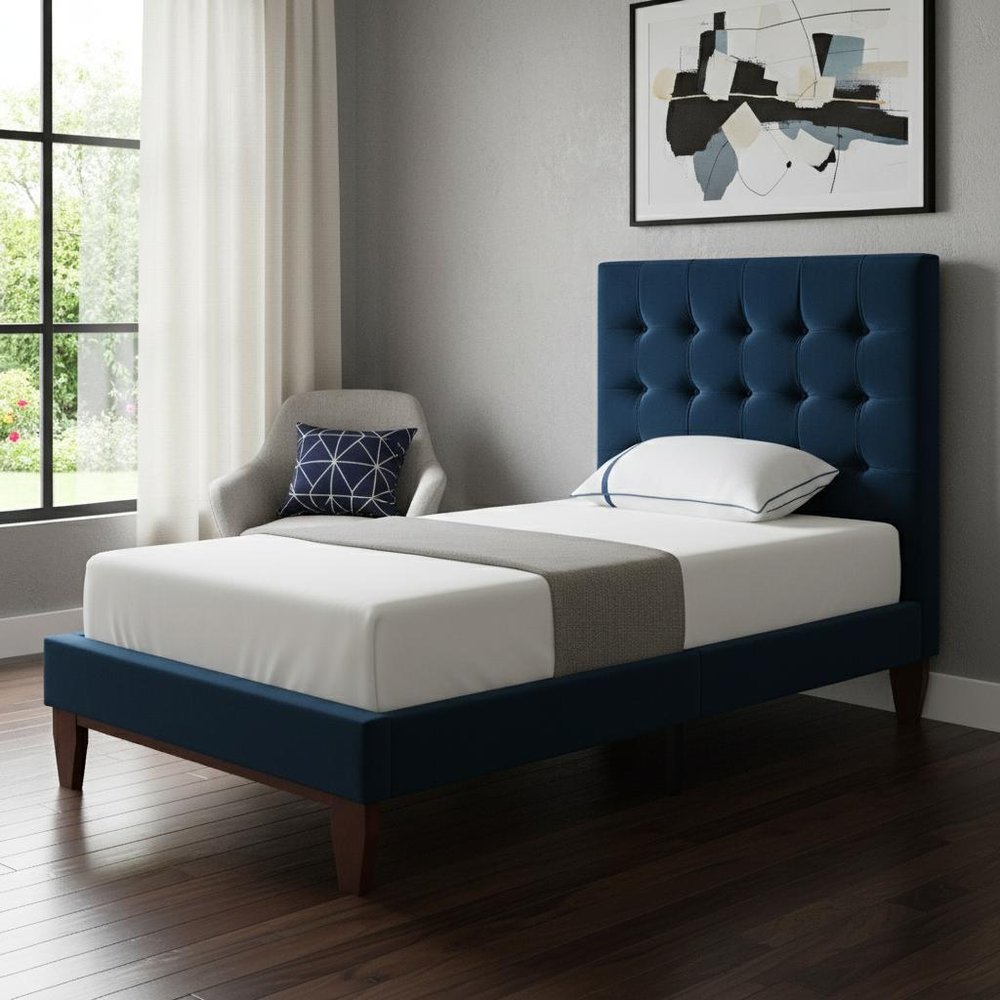 Navy Blue Solid Wood King Tufted Upholstered Velvet Bed HomeRoots