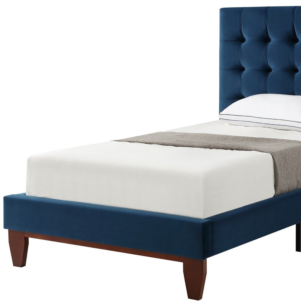 Navy Blue Solid Wood King Tufted Upholstered Velvet Bed — view 29