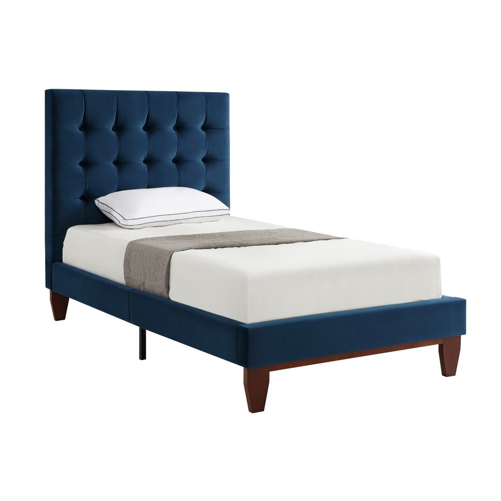 Navy Blue Solid Wood King Tufted Upholstered Velvet Bed HomeRoots