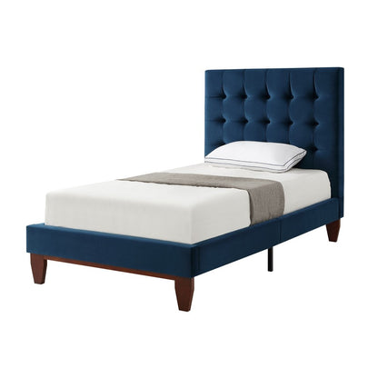 Navy Blue Solid Wood King Tufted Upholstered Velvet Bed HomeRoots